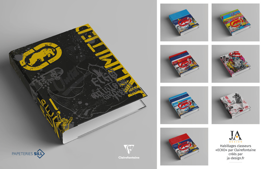 Création de couvertures de classeur avec des visuels de la marque ECKO pour Clairefontaine et les papeteries SILL par JA Design - Graphiste freelance Bordeaux
