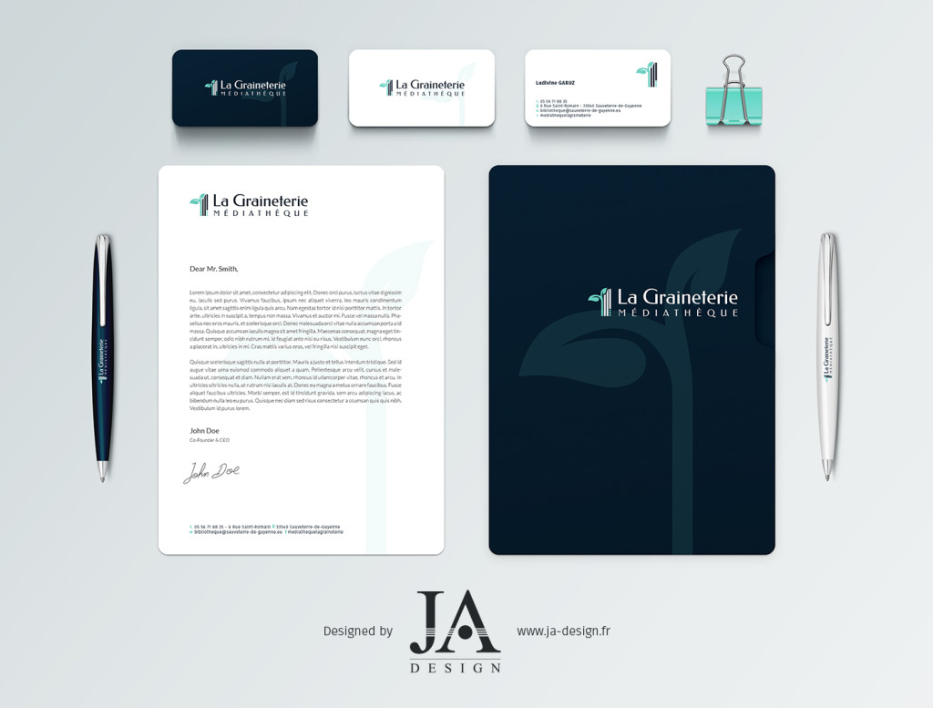 Création de la charte graphique complète pour la Médiathèque de Sauveterre-de-Guyenne "La Graineterie" par JA Design