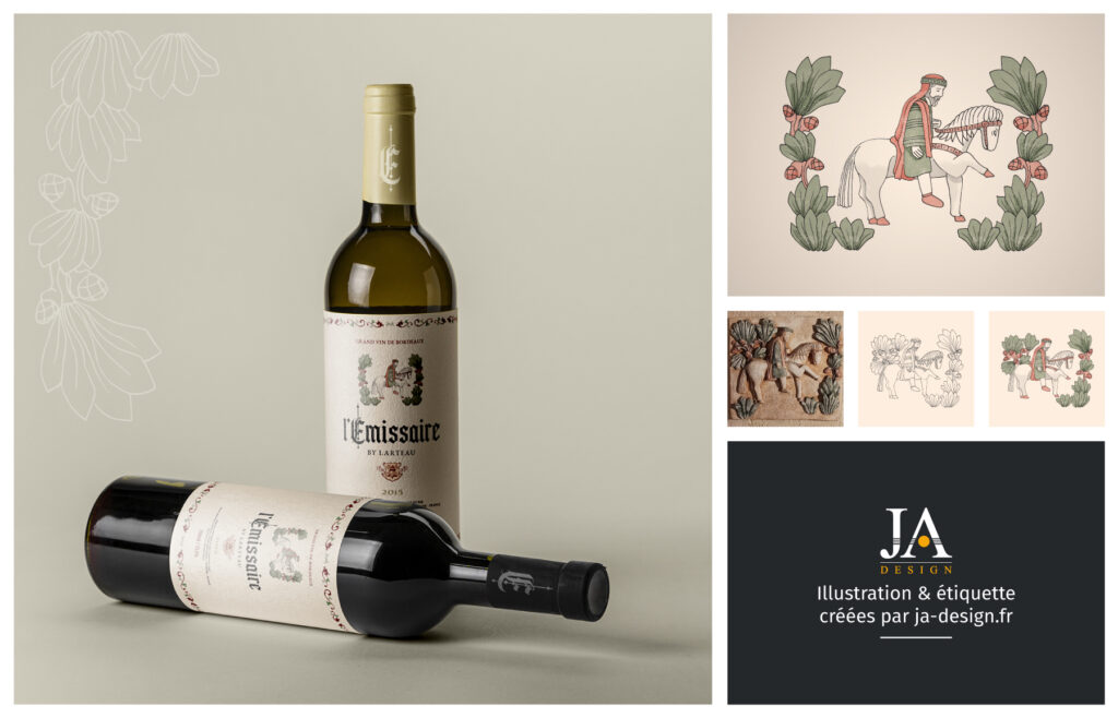 Création d'une étiquette et d'une illustration sur mesure pour un vin de Bordeaux, "L'Emissaire", en collaboration avec Oenographe - Par JA Design