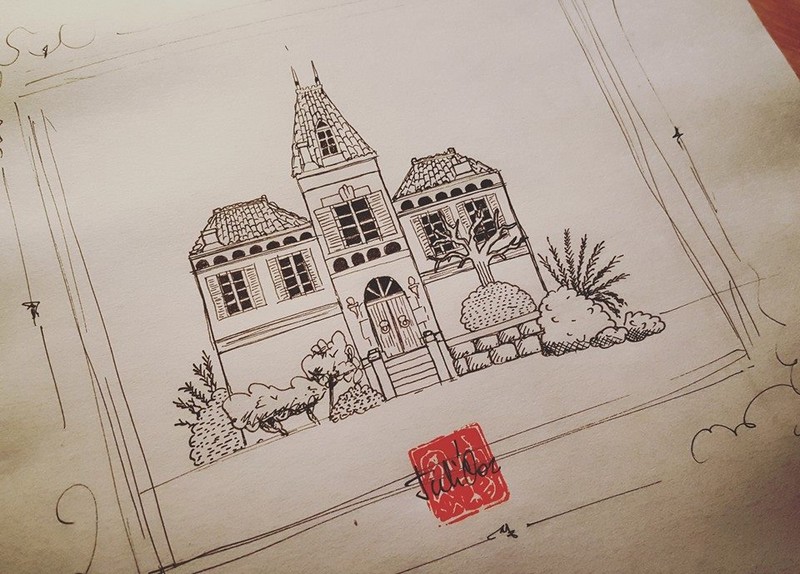 Illustration d'une demeure bordelaise au trait pour la création d'une étiquette de vin de Bordeaux par JA Design graphiste freelance Bordeaux